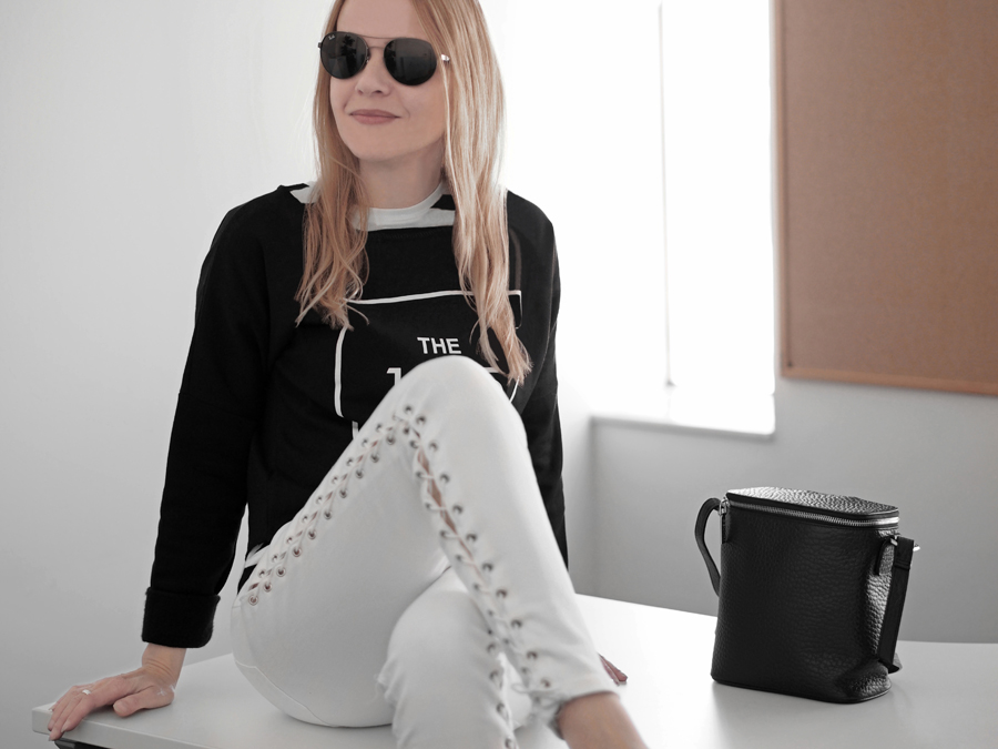 minimal chic outfit white lace-up skinny high waist jeans Topshop Jamie, Muji black and white striped t-shirt, black the 1975 cropped sweatshirt, silver loop detail leather pumps H&M, Nakedvice The Perspective leather bag, Ray-Ban sunglasses