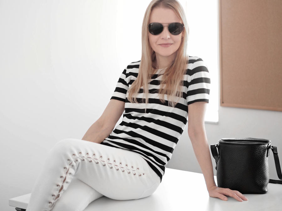 minimal chic outfit white lace-up skinny high waist jeans Topshop Jamie, Muji black and white striped t-shirt, black the 1975 cropped sweatshirt, silver loop detail leather pumps H&M, Nakedvice The Perspective leather bag, Ray-Ban sunglasses