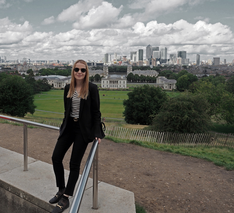 black suit striped tee lace-up bell sleeve blazer cropped trousers loafers mesh socks minimal luxe bag ray-ban epic London view