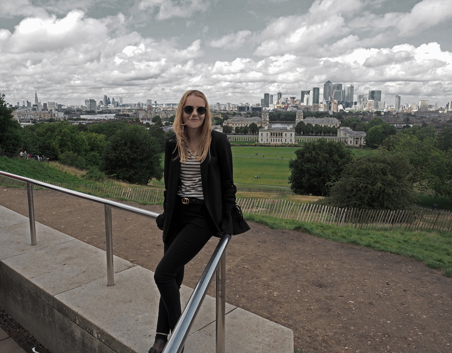 black suit striped tee lace-up bell sleeve blazer cropped trousers loafers mesh socks minimal luxe bag ray-ban London view