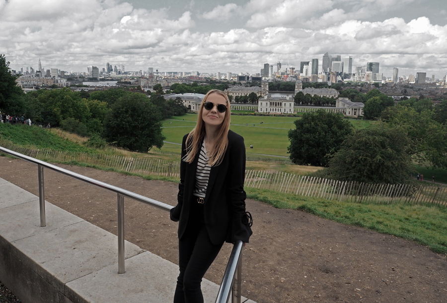 black suit striped tee lace-up bell sleeve blazer cropped trousers loafers mesh socks minimal luxe bag ray-ban London view