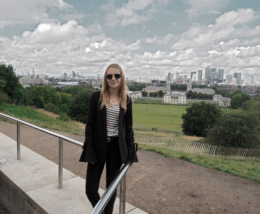 black suit striped tee lace-up bell sleeve blazer cropped trousers loafers mesh socks minimal luxe bag ray-ban London view