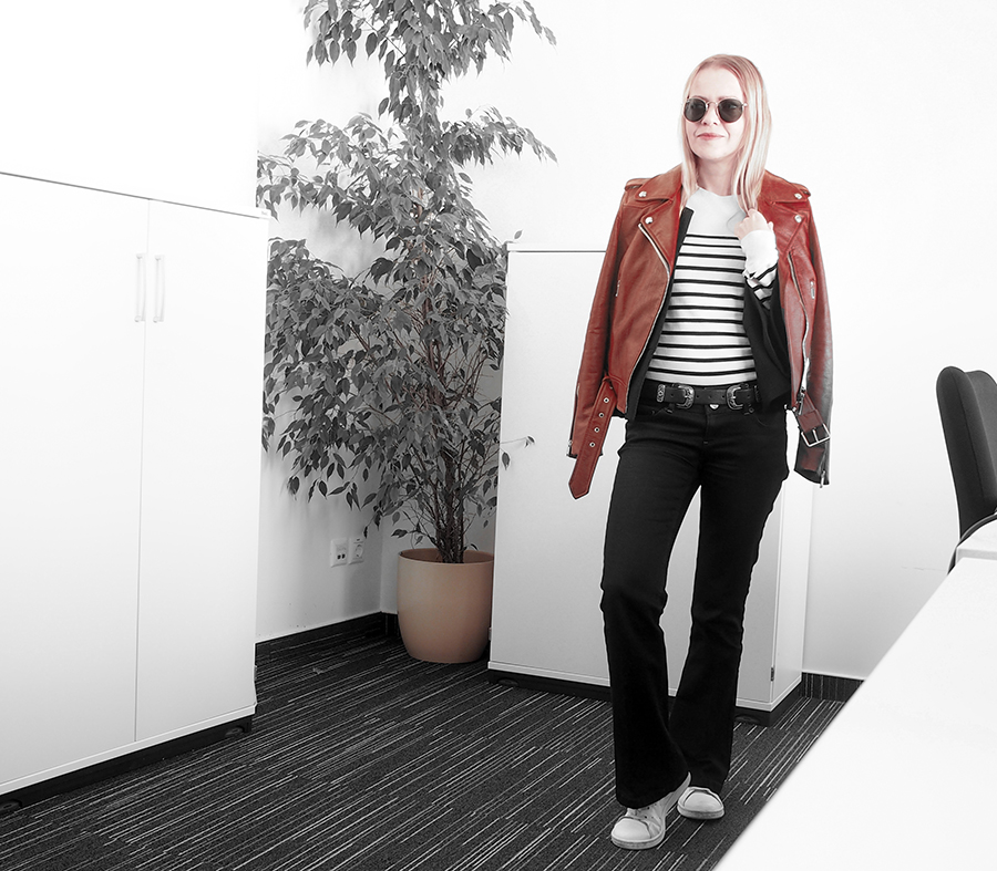 black denim flares, red biker jacket, adidas stan smith trainers, breton sweater, frill sleeve blazer easy casual work outfit