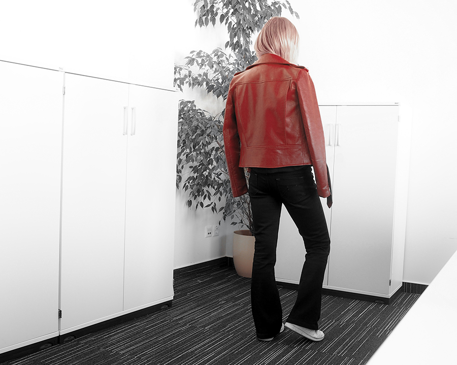 red biker jacket black flares adidas trainers work casual outfit