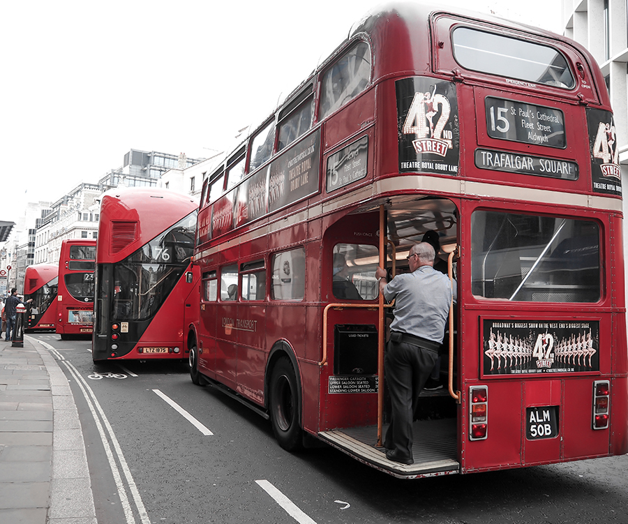 London City red double-decker buses