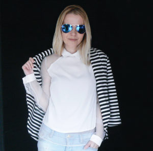 light blue distressed jeans, organza panel shirt, monochrome stripe blazer, mirrored aviators studded heels, striped blazer EPIC STREET STYLE by Gabriella