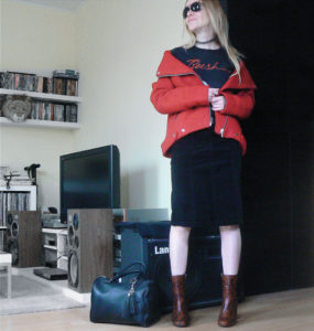 easy and versatile red biker jacket rush tour tee kurt geiger snape ankle boots