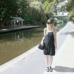 all black outfit for summer swing dress t-bar sandals raffia hat oversized shades