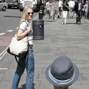 the single greatest fashion pro trick for building an outfit, baroque tile print blue gold trousers, white Mexico motif t-shirt, white round sunglasses, beige flat loafers, canvas and leather shopper, shopping, Regent Street London